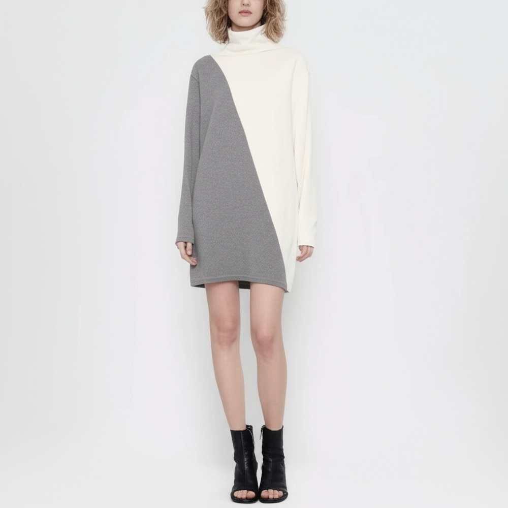 Women's Zara Short dress with high neck long sleeves | Color: White/Gray | Sz: M